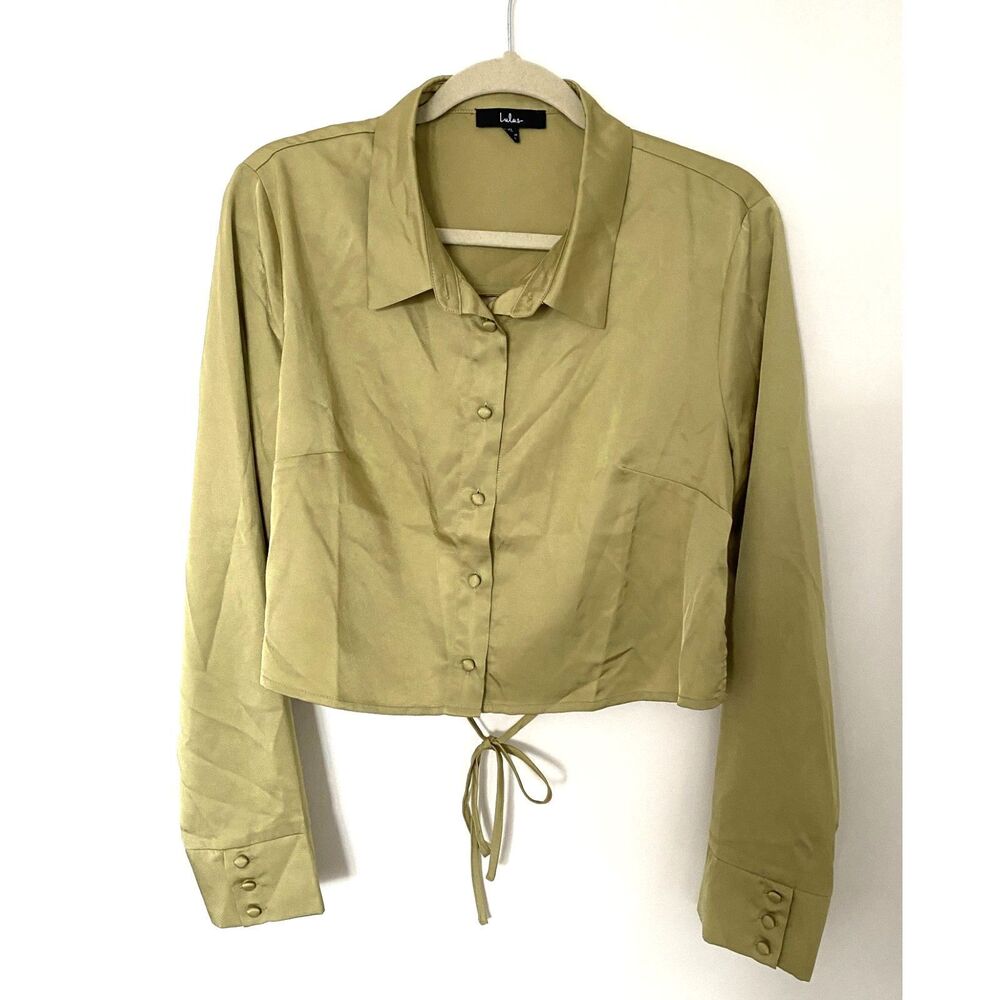 Lulus Green Cropped Satin Feel Blouse Open Back Long Sleeve Front Button Sz XL